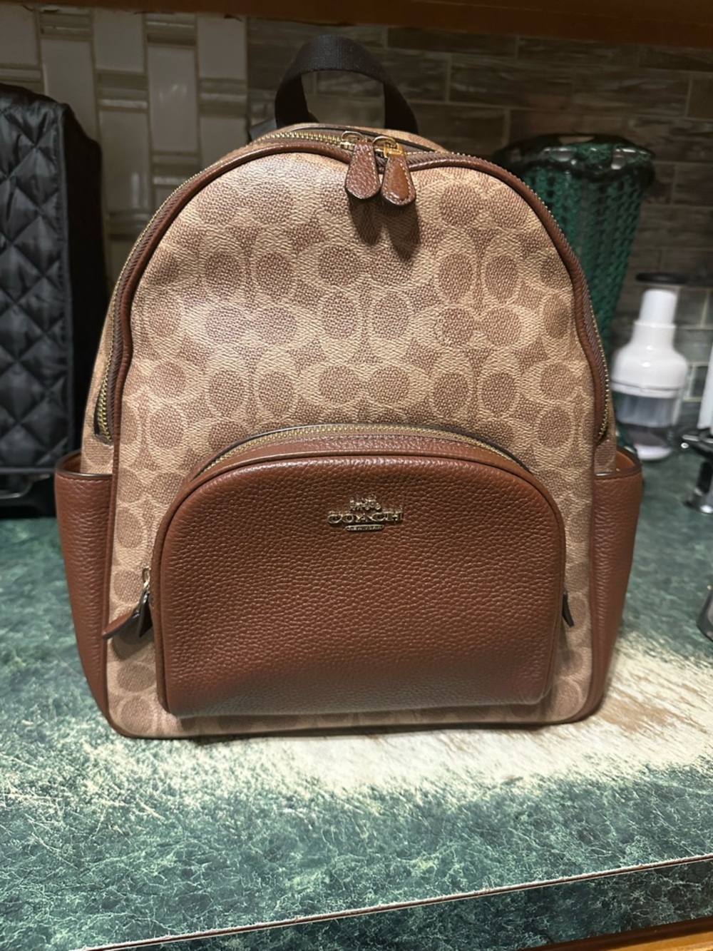 Coach woman Leather Bag Patch in Brown with Cream Stitching,in good condition